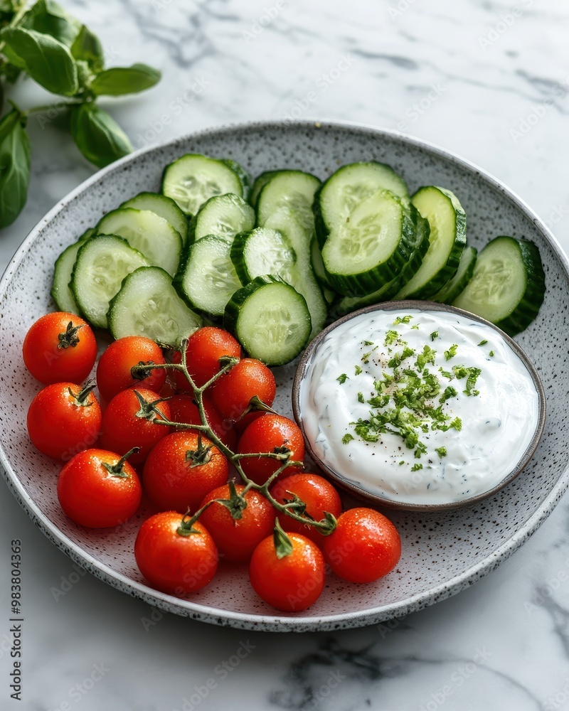 A fresh platter of sliced cucumbers, cherry tomatoes, and yogurt dip garnished with herbs. A fresh platter of sliced cucumbers, cherry tomatoes, and yogurt dip garnished with herbs.