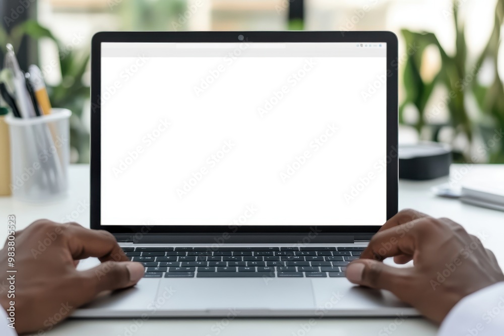 African American doctor wear white coat typing using laptop computer mock up African American doctor wear white coat typing using laptop computer mock up