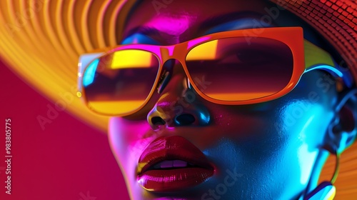 A close-up of a fashion icon wearing avant-garde sunglasses and a designer hat, showcasing a bold, futuristic look with vibrant colors. 8k UHD, suitable for high-quality printing or digital 