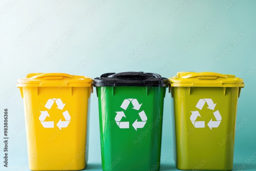 An image featuring three color-coded recycling bins lined up against a soft blue background An image featuring three color-coded recycling bins lined up against a soft blue background