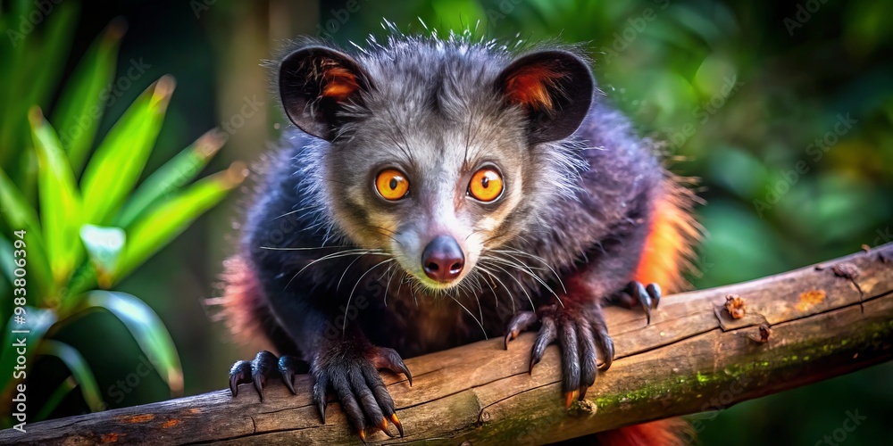 Unique aye aye animal perched on a tree branch showcasing its unusual features and nocturnal nature Unique aye aye animal perched on a tree branch showcasing its unusual features and nocturnal nature