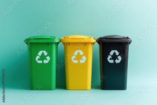 An image featuring three color-coded recycling bins lined up against a soft blue background