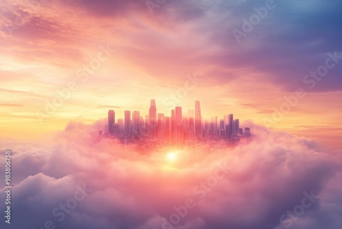 A stunning city skyline emerges from colorful clouds at sunset, surrounded by a vibrant sky filled with warm hues.