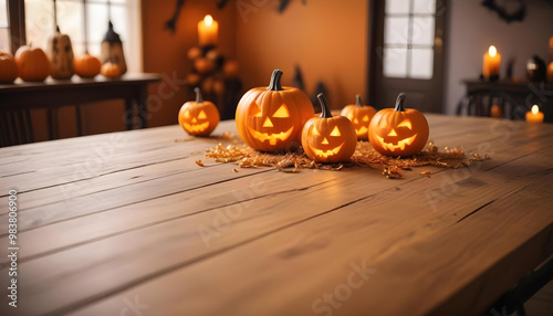 Halloween decorations on a wooden table, pumpkin, ghost, bat, tone on tone. background	
 photo