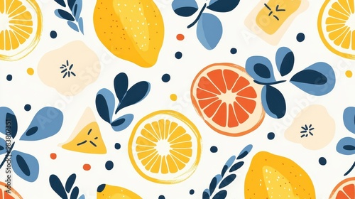 A vibrant seamless pattern featuring lemons, flowers, and abstract elements, perfect for modern fabric and textile designs.