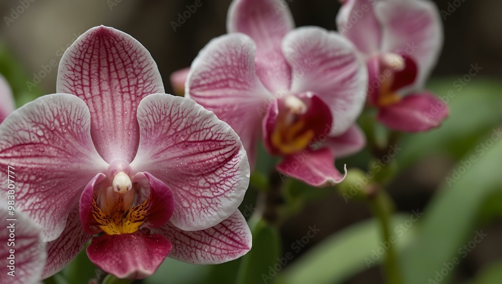 Bees pollinating a pink orchid flower, close-up. Bees pollinating a pink orchid flower, close-up.