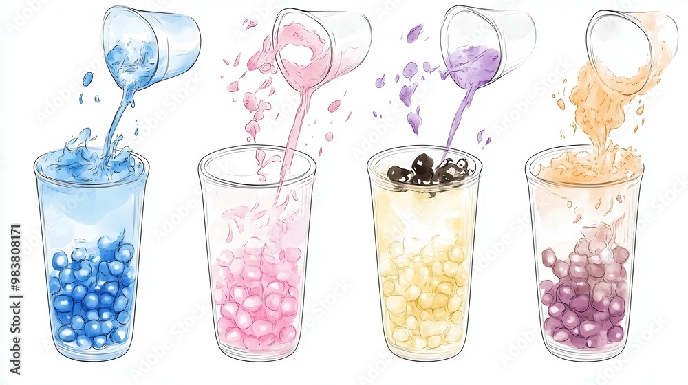 Colorful Drinks with Boba and Splashing Liquid Colorful Drinks with Boba and Splashing Liquid