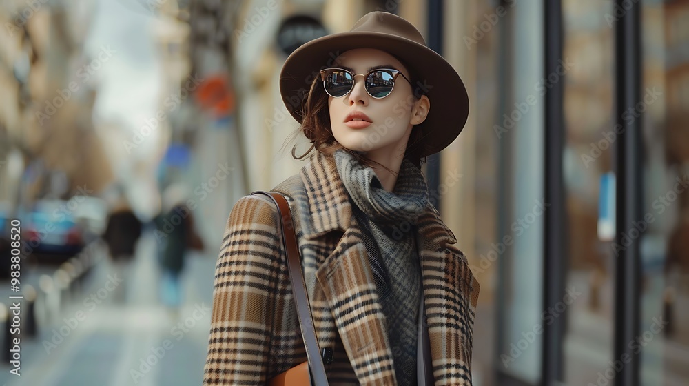 Fototapeta premium A dynamic shot of a fashion icon walking down a city street in an elegant outfit, combining modern and vintage elements for a chic, timeless look. 8k UHD, suitable for high-quality printing 