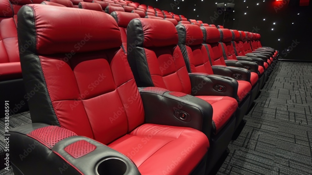 Obraz premium Movie Theater Seats: These cozy, often reclining seats are strategically arranged in rows, providing optimal comfort and viewing angles for moviegoers. 
