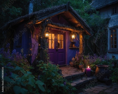 Enchanted Purple Cottage at Night