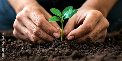 A person planting a small tree in a garden, their hands carefully covering the roots with soil photo