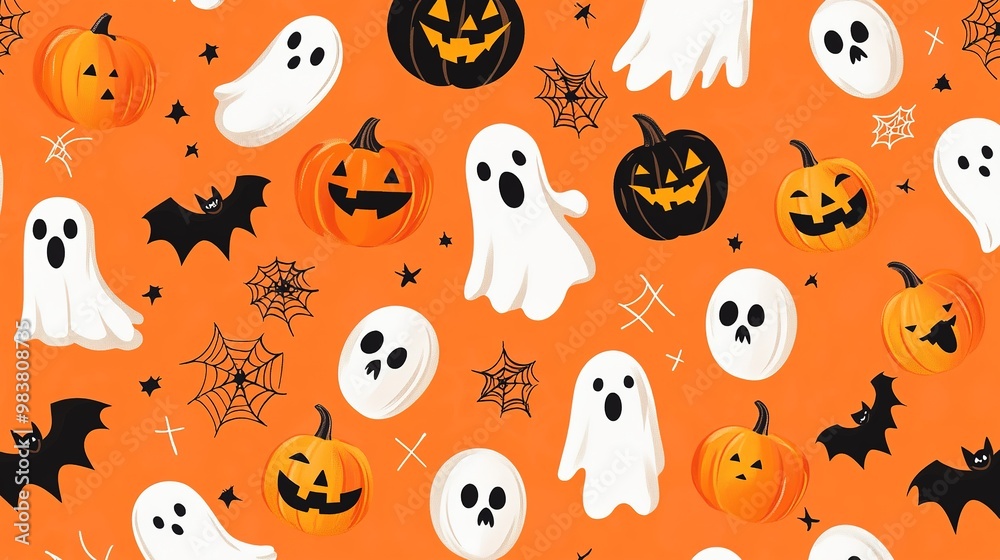 A festive Halloween pattern featuring a vibrant assortment of pumpkins, playful ghosts, eerie skulls, and intricate spider webs, designed with a spooky yet whimsical aesthetic, 