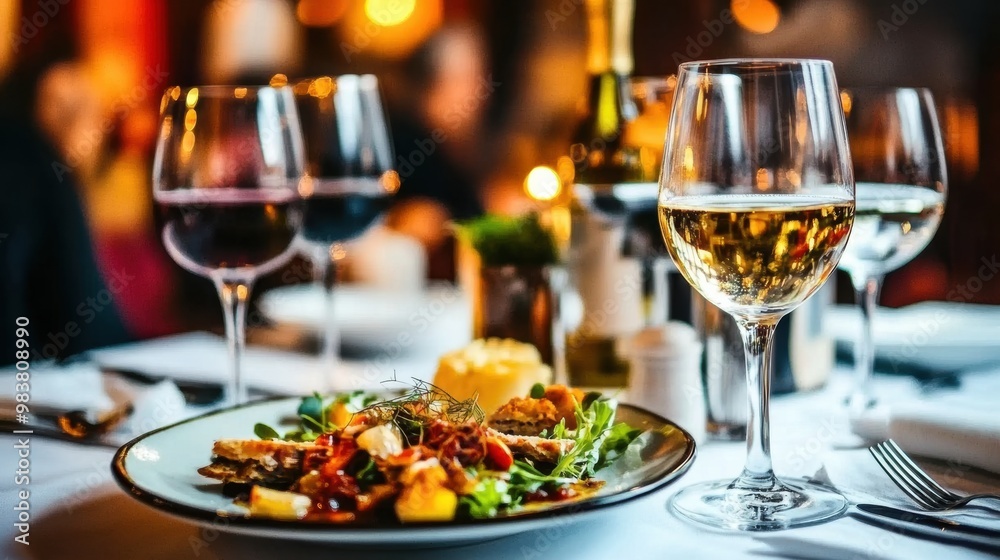 A plate of food and glasses of wine on a table A plate of food and glasses of wine on a table