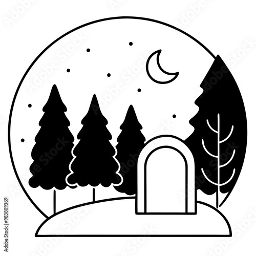 A forest thicket, the edge of a forest, in the middle of a meadow, surrounded by many trees, a tombstone on the lawn, the moon shining brightly