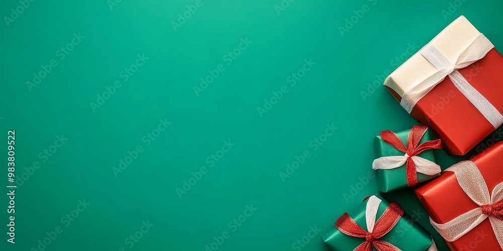 Vibrant gift boxes with festive ribbons on a green background, perfect for holiday themes and promotional events, ideal for retail, e-commerce, and celebratory content. Vibrant gift boxes with festive ribbons on a green background, perfect for holiday themes and promotional events, ideal for retail, e-commerce, and celebratory content.