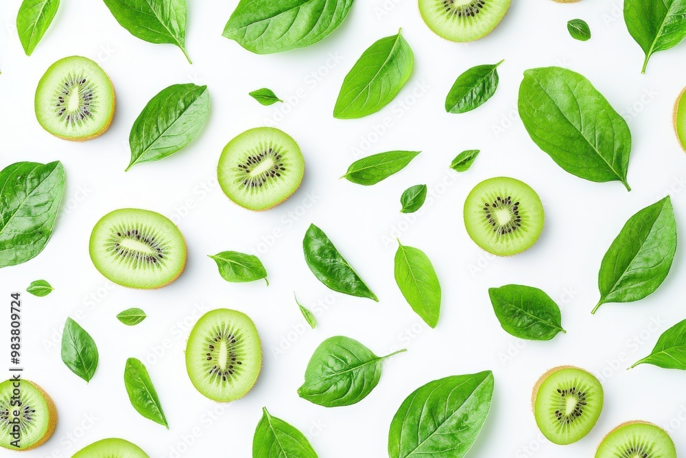 A image of green kiwi slices and green leaves scattered A image of green kiwi slices and green leaves scattered