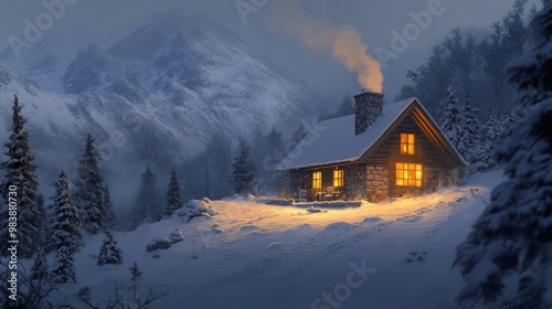 A cozy mountain hut at dusk. The windows illuminate with warm light against the twilight. The ground is covered with fresh snow.