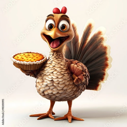 Cute cartoon turkey holding a pie smiling brightly