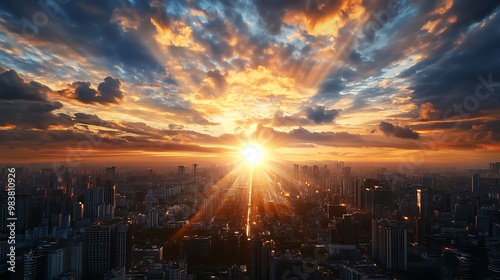 Beautiful orange sunrise over the city skyline with fluffy clouds