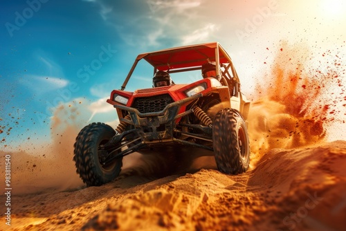A red dune buggy races across a sandy dune, kicking up a cloud of dust, in the desert under a bright, sunny sky.