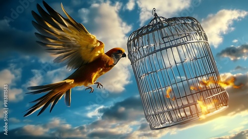 A macaw perched on a rooftop panel, its beak reflecting the yellow city skyline beneath a blue sky photo