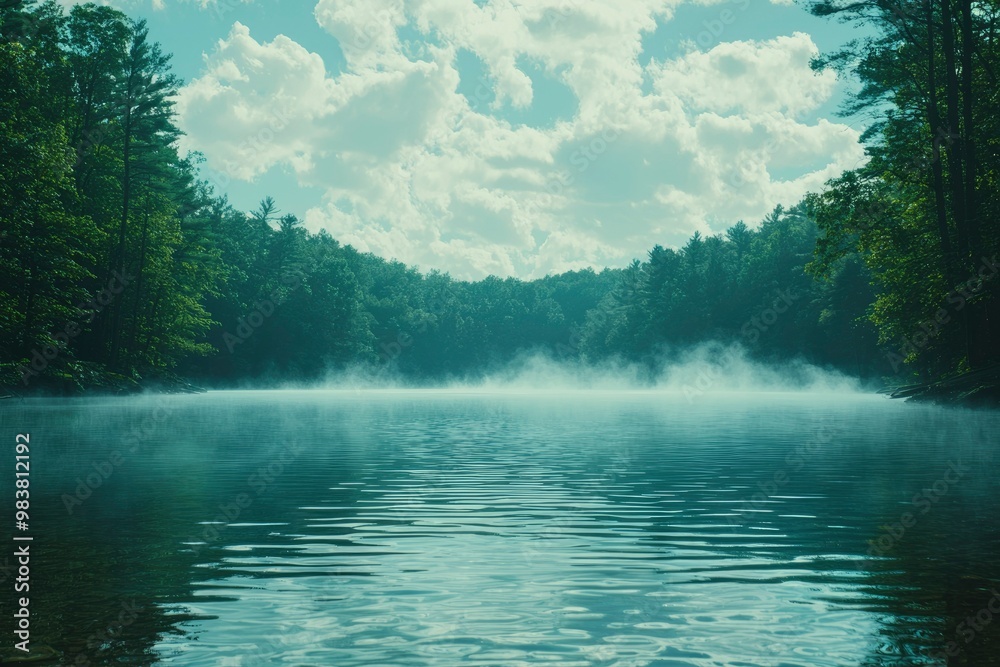 Tranquil Forest Lake with Morning Mist Tranquil Forest Lake with Morning Mist