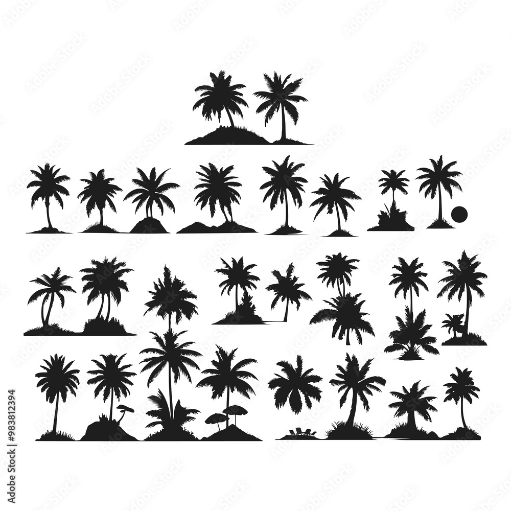 Set of black silhouettes of coconut tree. Black palms tree Set of black silhouettes of coconut tree. Black palms tree