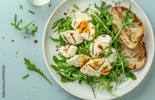 Grilled halloumi with arugula salad on white plate.