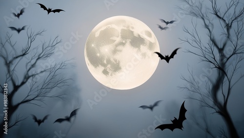 Horror scene, Bats flying in front of bright moon, night time, Happy Halloween