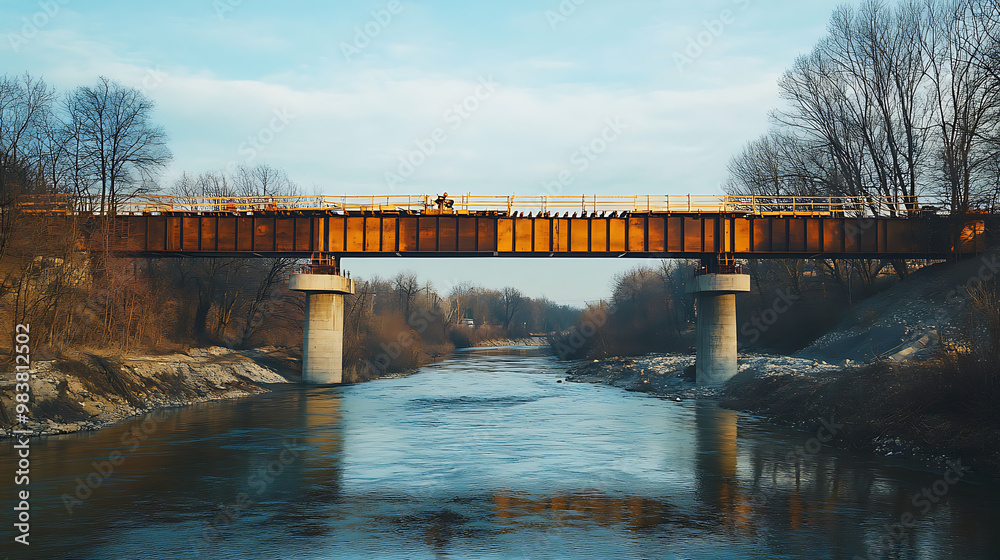 Bridge construction: Steel beams rising above river during construction. Bridge construction: Steel beams rising above river during construction.
