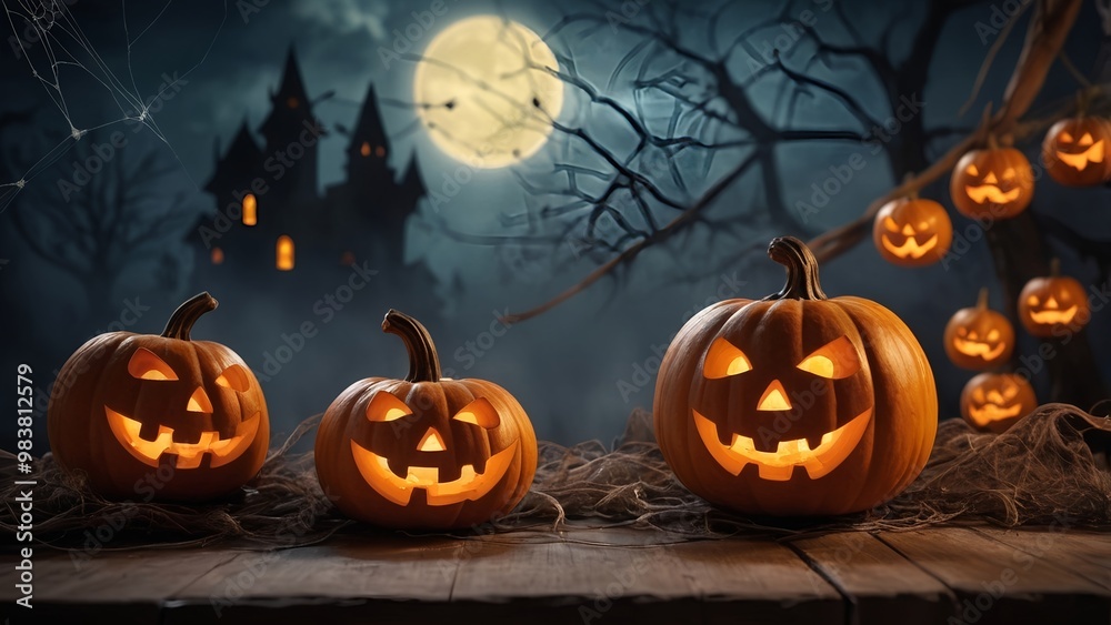 Halloween horror night scene with glowing pumpkins, moon and house, Happy halloween concept Halloween horror night scene with glowing pumpkins, moon and house, Happy halloween concept