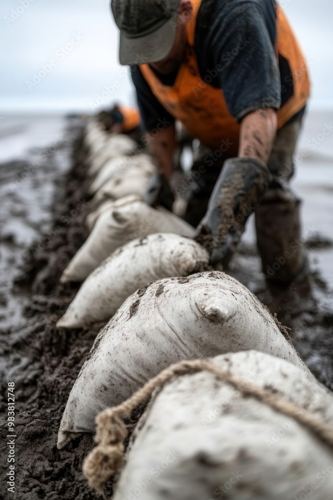 Helpers piling sandbags along the shoreline to prevent erosion wide angle soft light, Helpers piling sandbags along the shoreline to prevent erosion wide angle soft light,