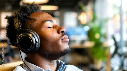 Man wearing noise-canceling headphones, focused and relaxed in a busy office environment, symbolizing the concept of noise cancellation and productivity enhancement photo