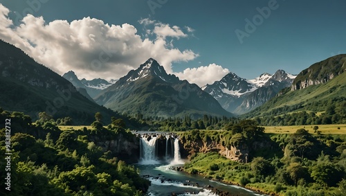 Breathtaking waterfall surrounded by greenery and majestic mountains.