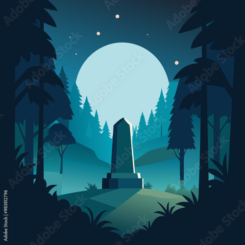 A forest thicket, the edge of a forest, in the middle of a meadow, surrounded by many trees, a tombstone on the lawn, the moon shining brightly