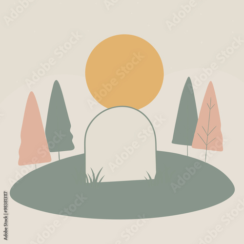 A forest thicket, the edge of a forest, in the middle of a meadow, surrounded by many trees, a tombstone on the lawn, the moon shining brightly