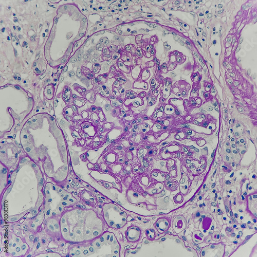 Camera photo of the transplant kidney, showing double contour of capillary wall, magnification 400x, photograph through a microscope