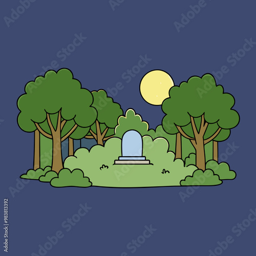 A forest thicket, the edge of a forest, in the middle of a meadow, surrounded by many trees, a tombstone on the lawn, the moon shining brightly