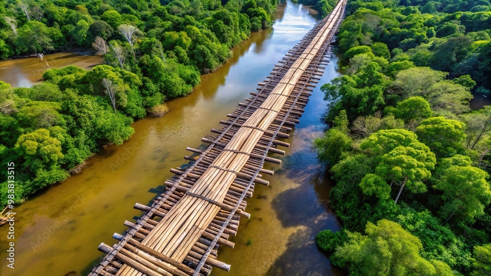 Aerial view of a bridge over the Tingu? River made of tree trunks Aerial view of a bridge over the Tingu? River made of tree trunks