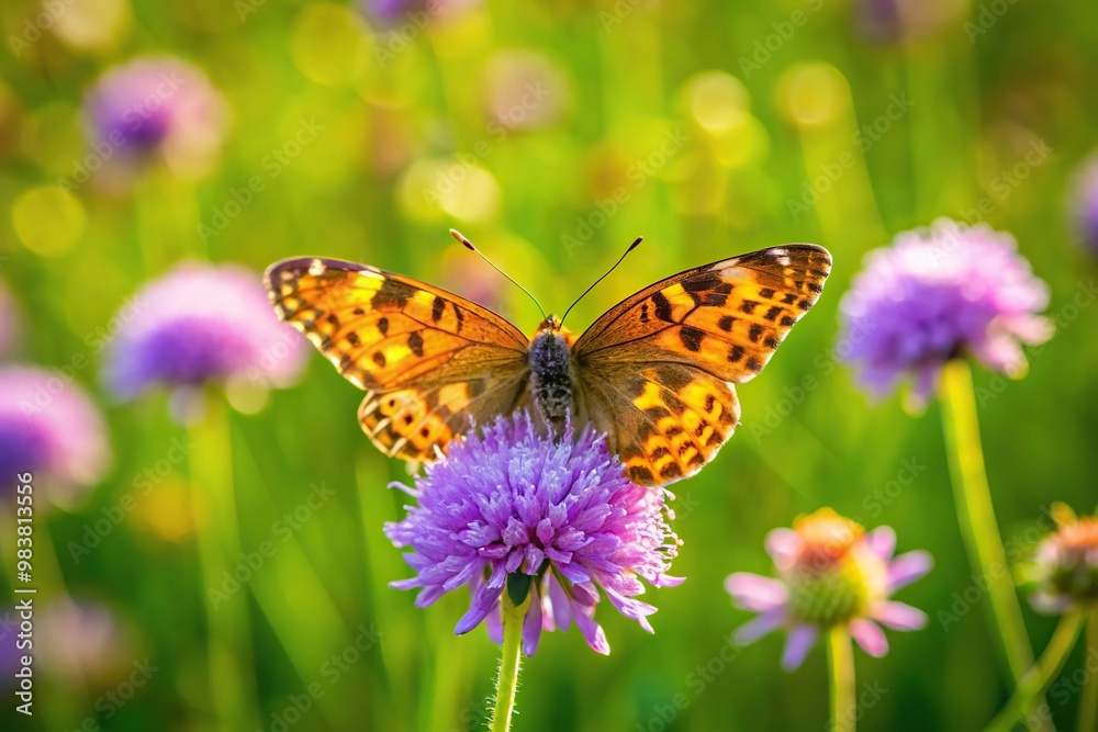Aerial view of a butterfly on a purple flower in a meadow