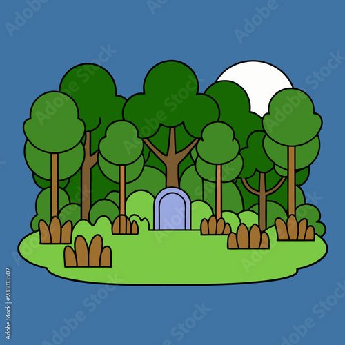 A forest thicket, the edge of a forest, in the middle of a meadow, surrounded by many trees, a tombstone on the lawn, the moon shining brightly