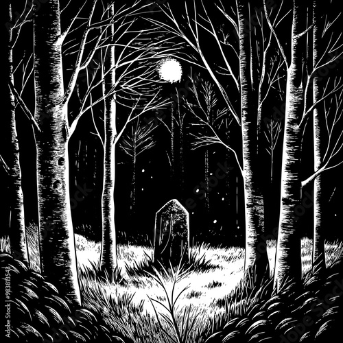 A forest thicket, the edge of a forest, in the middle of a meadow, surrounded by many trees, a tombstone on the lawn, the moon shining brightly