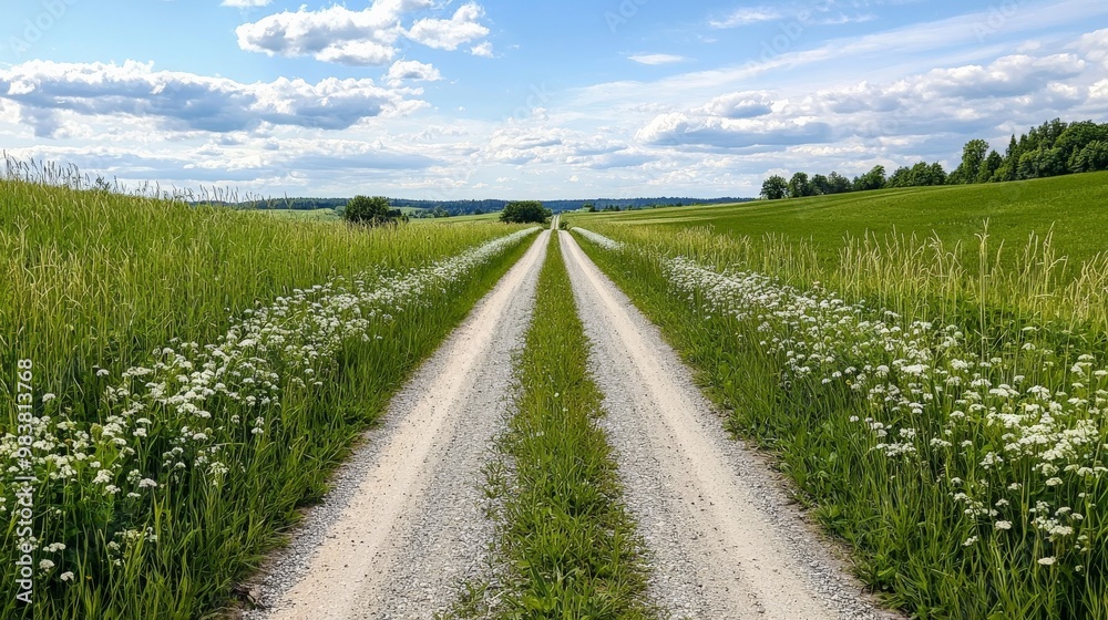 Obraz premium A quiet country road, bordered by tall grass and wildflowers, leading into the distance with no sign of civilization