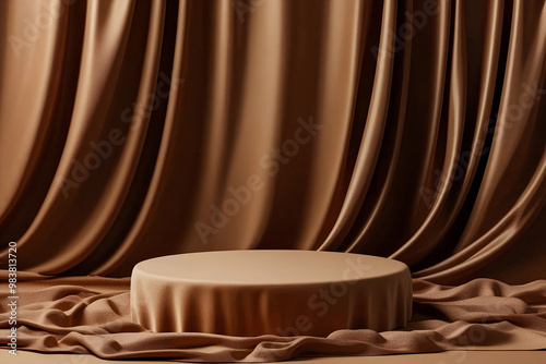 A brown fashion cloth podium with a luxury cosmetic 3D background, beauty presentation mockup template, empty fabric pedestal product display, and blank table platform with abstract art and elegant st