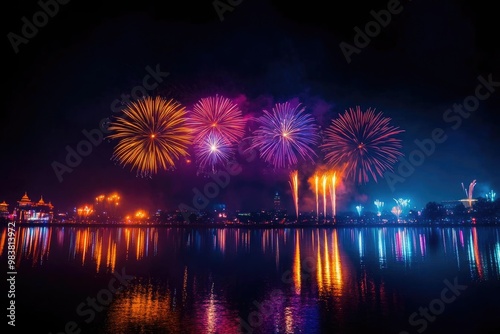 Vibrant fireworks illuminate the night sky with colors reflecting on a serene lake, creating a festive and magical atmosphere.