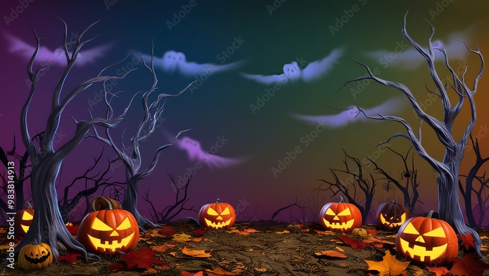Jack o Lantern, Halloween blur background, glowing pumpkins on the ground in haunted area, Happy Halloween concept, night horrific scene Jack o Lantern, Halloween blur background, glowing pumpkins on the ground in haunted area, Happy Halloween concept, night horrific scene