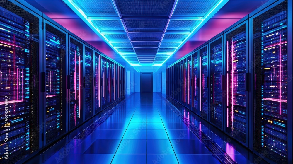 Futuristic Data Center with Neon Lights and Servers