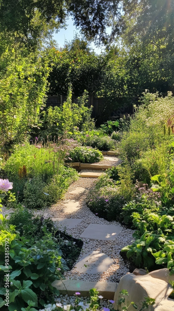 Naklejka premium Winding through a lush sensory garden adorned with fragrant plants and vibrant greenery