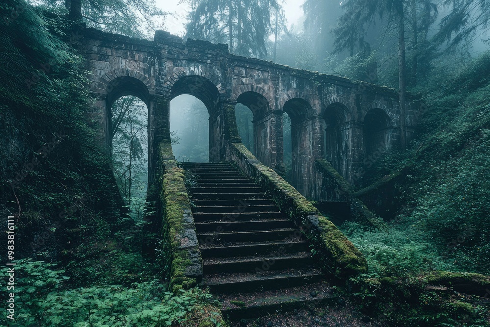 Naklejka premium Moss-Covered Stone Archway and Staircase in a Misty Forest
