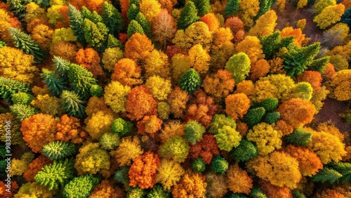 Aerial view of autumn trees in yellow and orange colors